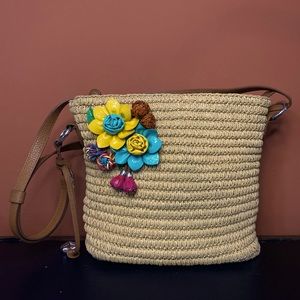 Brighton Straw Woven Handbag Leather Flower Detail